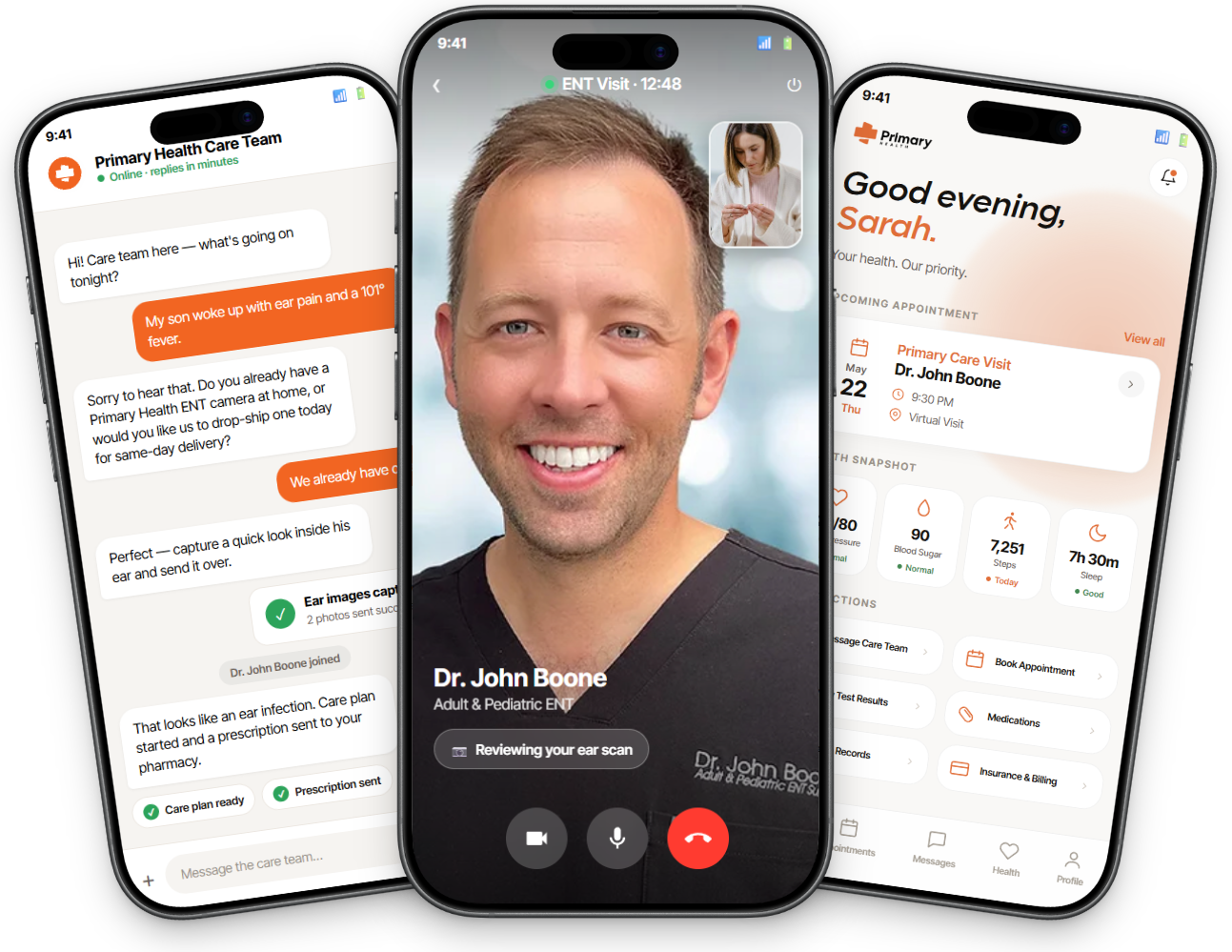 The Primary Health app — the 24/7 messaging concierge, a live video visit with Dr. John Boone, and the patient portal